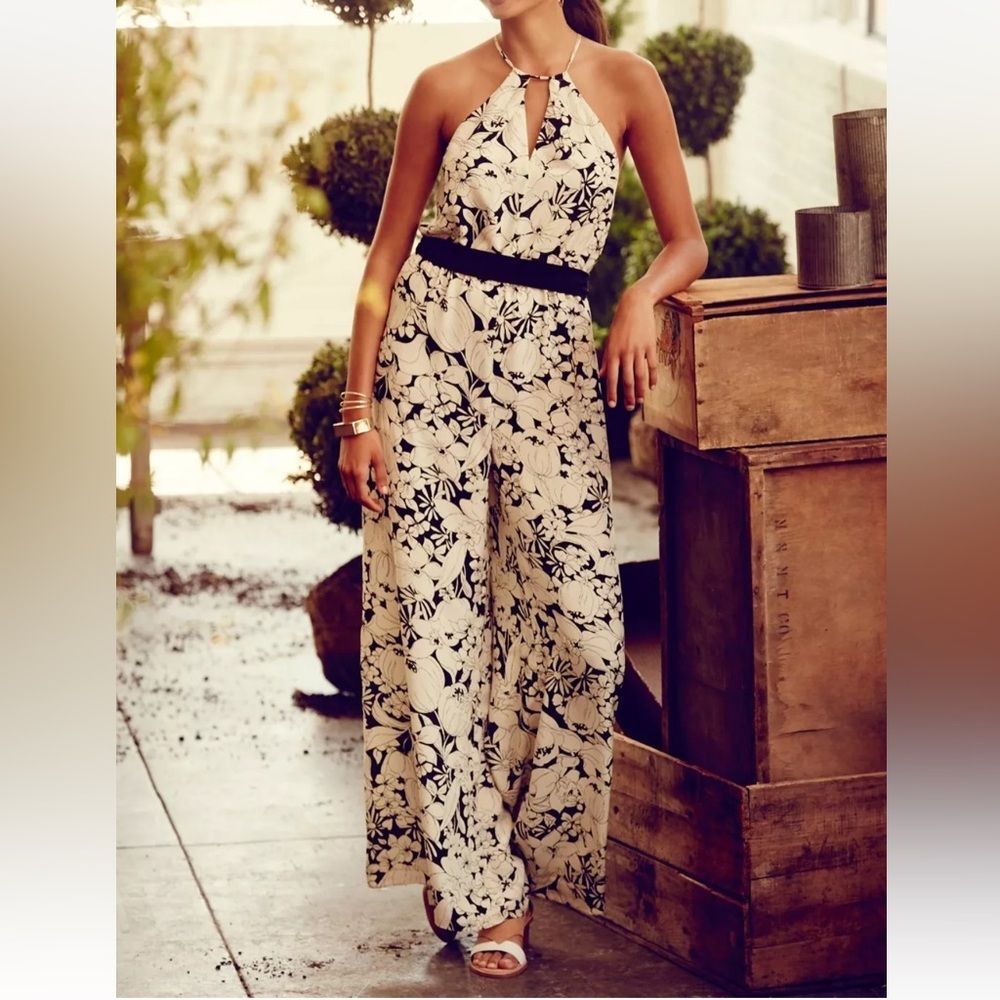 Anthropologie Elevenses Jumpsuit 100% Silk Black and White Floral Wide Leg Small